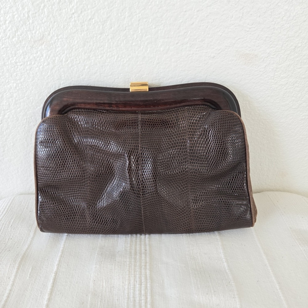 Bagheera Italian Vintage Brown Leather Clutch Bakelite Closure Wooden Frame